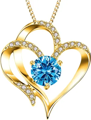 Gold Plated Sterling Silver Heart Necklace for Women,Twelve Months Birthstone Pendant Necklace for Mom Wife Xmas Mother's Day