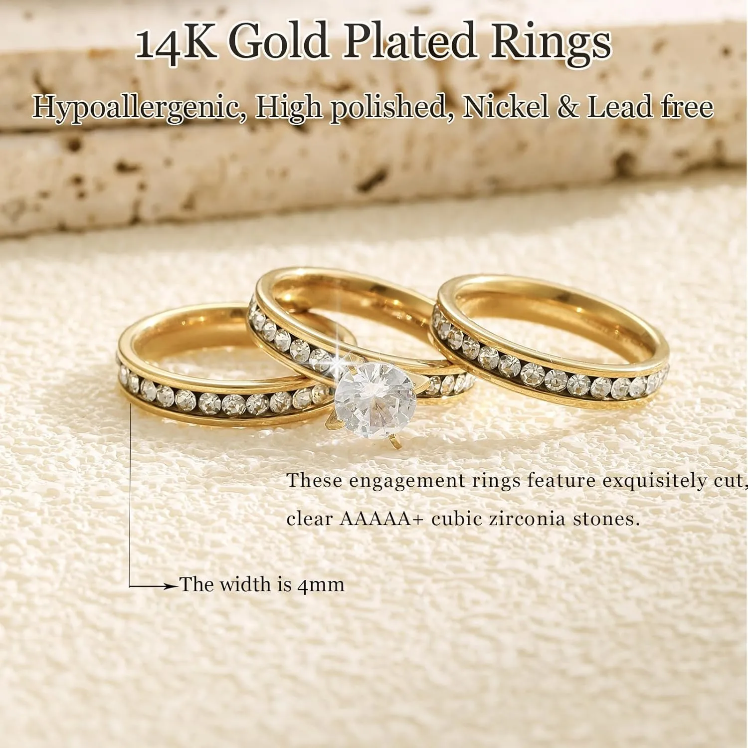 Gold Rings for Women Non Tarnish, 14K Gold Plated Stacking Cubic Zirconia Thumb Ring Set Pack for Couple Trendy Statement Women Rings for Engagement Promise Wedding Gift Size 6-10