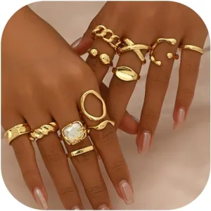 Gold Stackable Rings Set for Women Non Tarnish 18K Gold Plated Adjustable Open Stacking Knuckle Ring Chunky Joint Finger Midi Rings Pack Dainty Simple Statement Jewelry