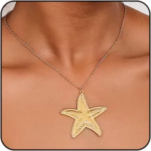 Gold Starfish Necklace & Earrings - Blue & White Beach Jewelry