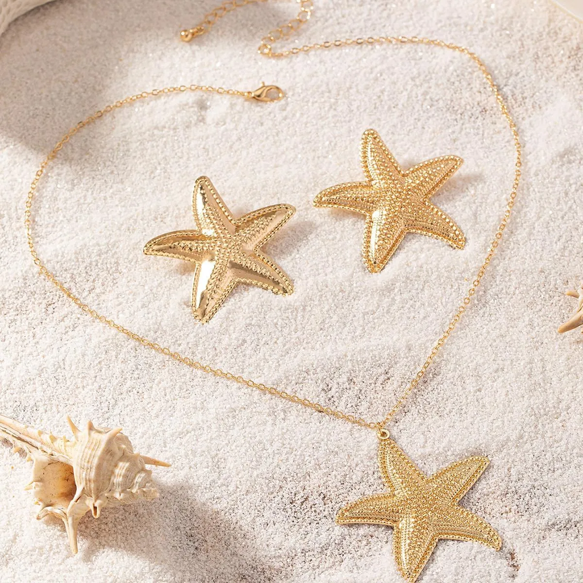 Gold Starfish Necklace & Earrings - Blue & White Beach Jewelry