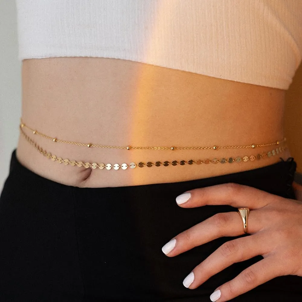 Gold Waist Chains for Women 14K Gold Plated Belly Chains Multilayer Satellite Beads Coin Body Chains for Waist Summer Beach Bikini Chain Adjustable