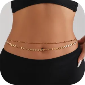 Gold Waist Chains for Women 14K Gold Plated Belly Chains Multilayer Satellite Beads Coin Body Chains for Waist Summer Beach Bikini Chain Adjustable