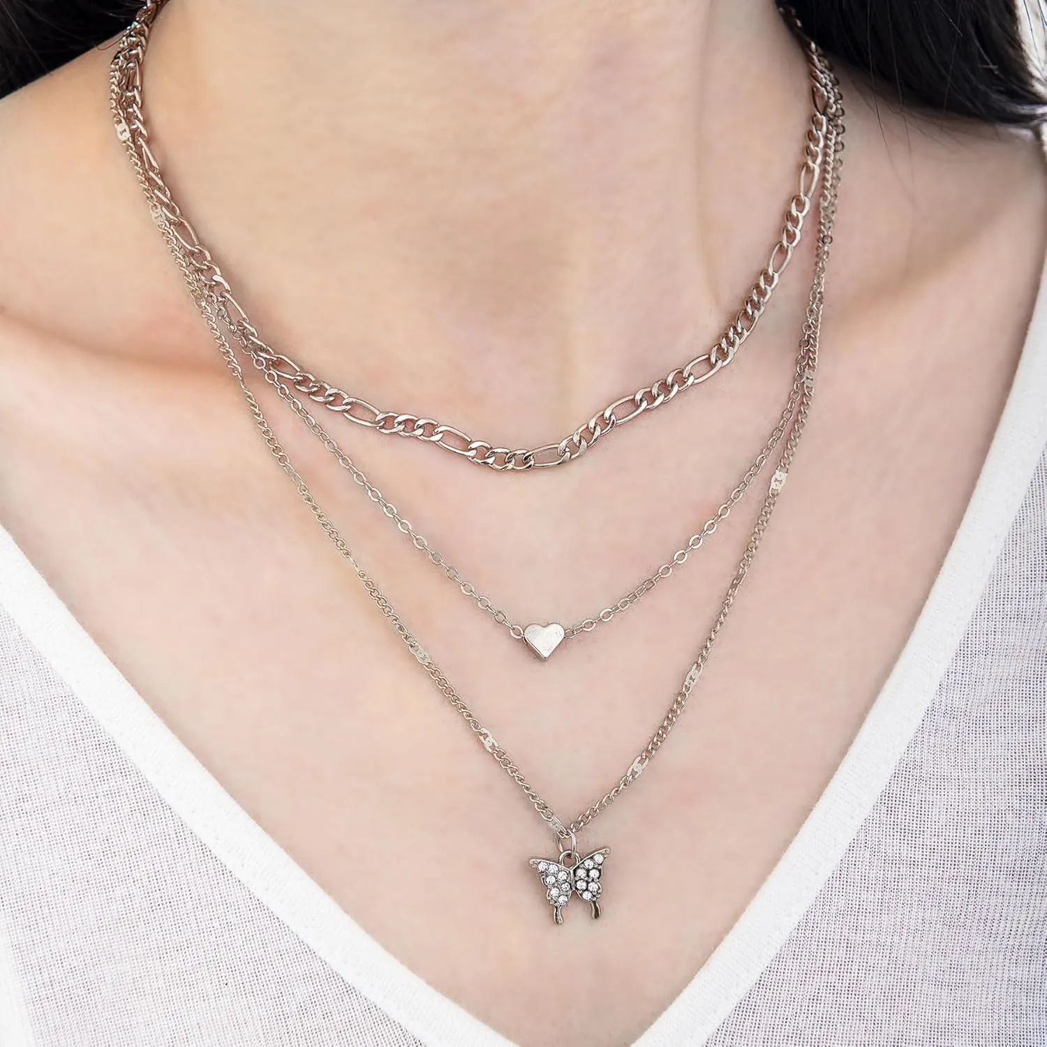 Gold/Silver Necklaces Stack For Women, Gold/Sterling Silver Plated Layered Choker Necklaces For Women, Stackable Multilayer Butterfly Pendant Choker Necklace Chain Necklaces Set Jewelry Gift