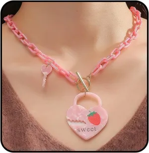 Heart Link Chain Choker Necklace for Women Creative Acrylic Red Pink Love Heart Pendant Necklace for Lady Sweet Strawberry Print Lock key Statement Necklace