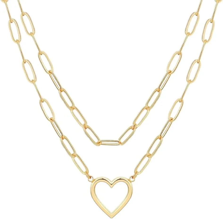 Heart Necklaces for Women 14K Gold/Silver Plated Paperclip Chain Love Heart Pendant Layered Necklaces Trendy Jewelry