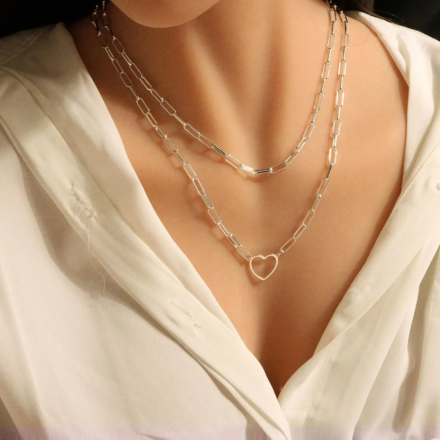 Heart Necklaces for Women 14K Gold/Silver Plated Paperclip Chain Love Heart Pendant Layered Necklaces Trendy Jewelry