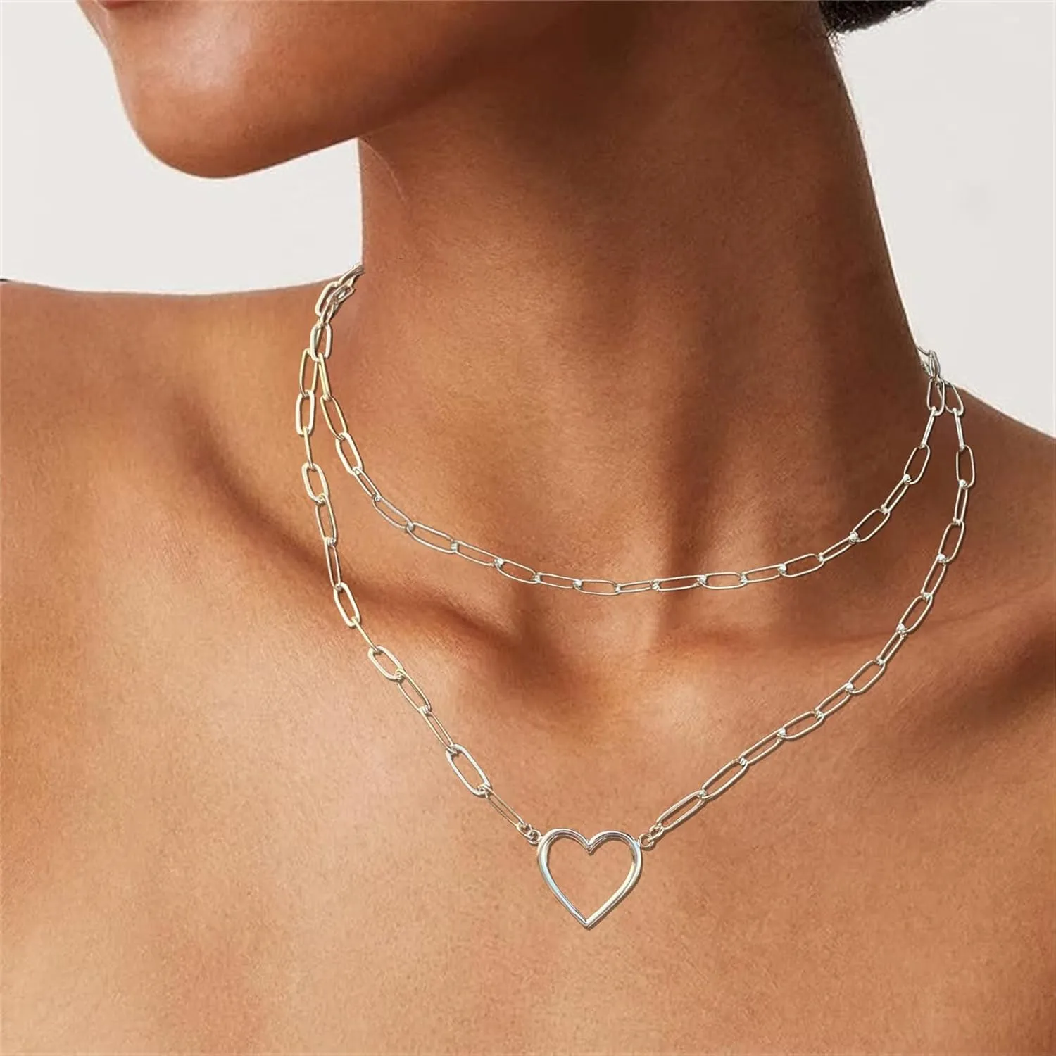 Heart Necklaces for Women 14K Gold/Silver Plated Paperclip Chain Love Heart Pendant Layered Necklaces Trendy Jewelry