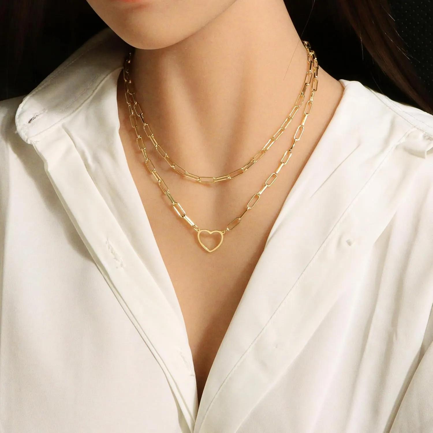 Heart Necklaces for Women 14K Gold/Silver Plated Paperclip Chain Love Heart Pendant Layered Necklaces Trendy Jewelry