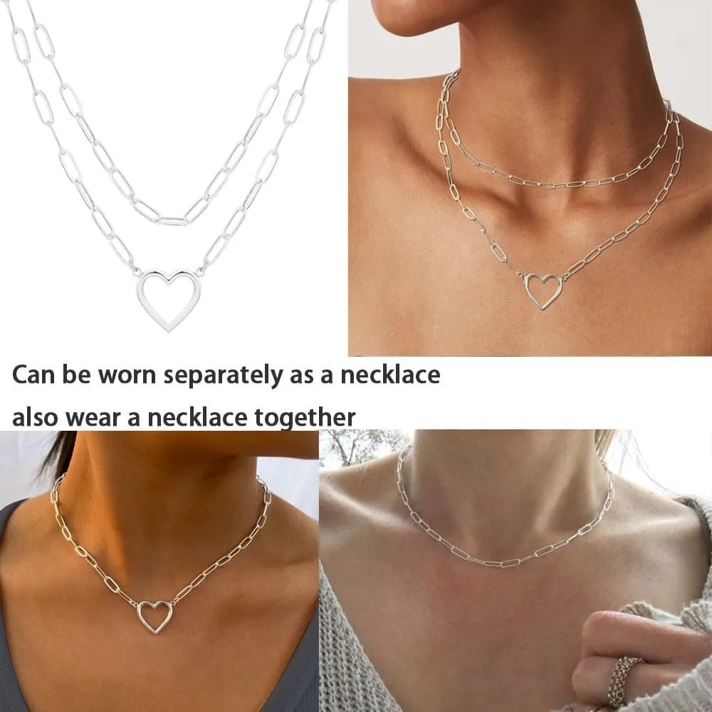 Heart Necklaces for Women 14K Gold/Silver Plated Paperclip Chain Love Heart Pendant Layered Necklaces Trendy Jewelry