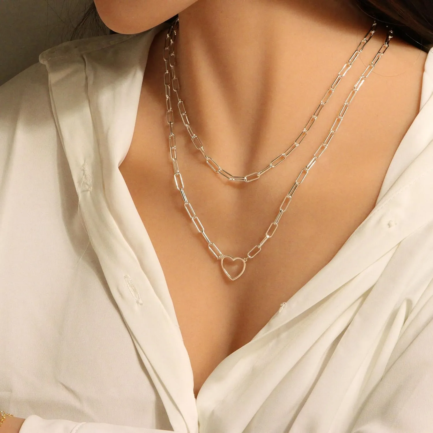 Heart Necklaces for Women 14K Gold/Silver Plated Paperclip Chain Love Heart Pendant Layered Necklaces Trendy Jewelry