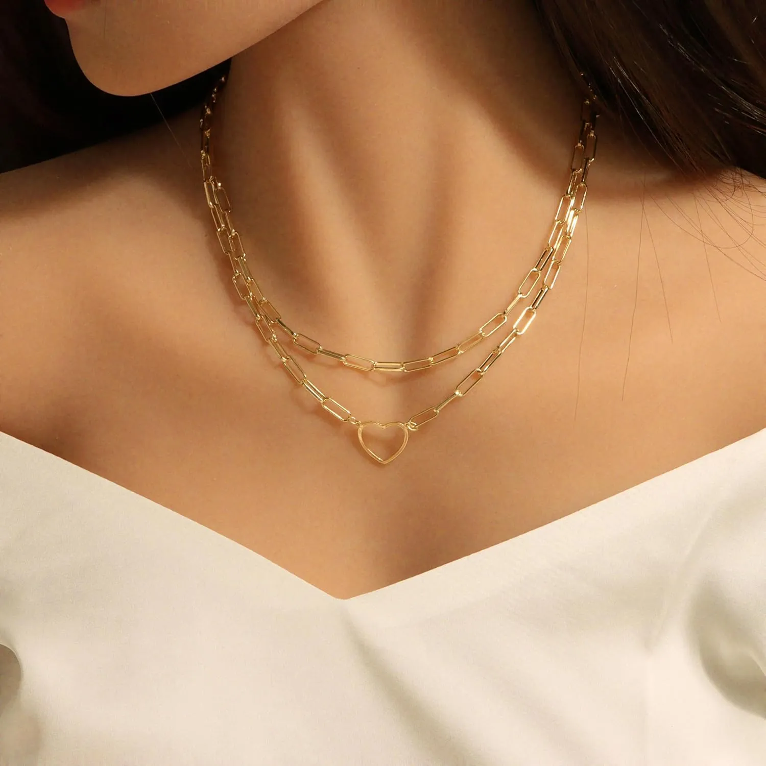 Heart Necklaces for Women 14K Gold/Silver Plated Paperclip Chain Love Heart Pendant Layered Necklaces Trendy Jewelry