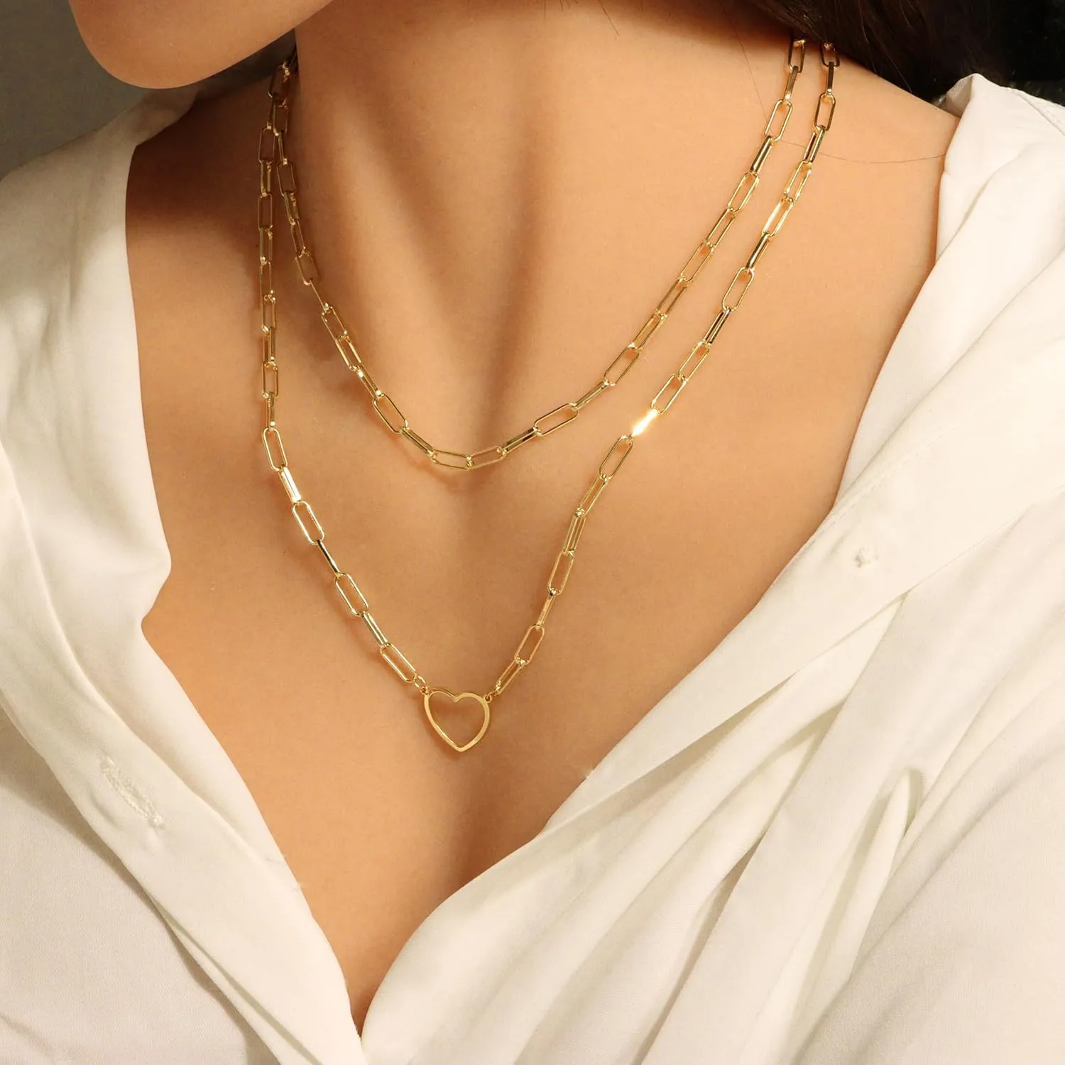 Heart Necklaces for Women 14K Gold/Silver Plated Paperclip Chain Love Heart Pendant Layered Necklaces Trendy Jewelry