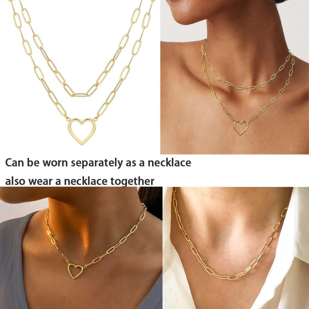 Heart Necklaces for Women 14K Gold/Silver Plated Paperclip Chain Love Heart Pendant Layered Necklaces Trendy Jewelry