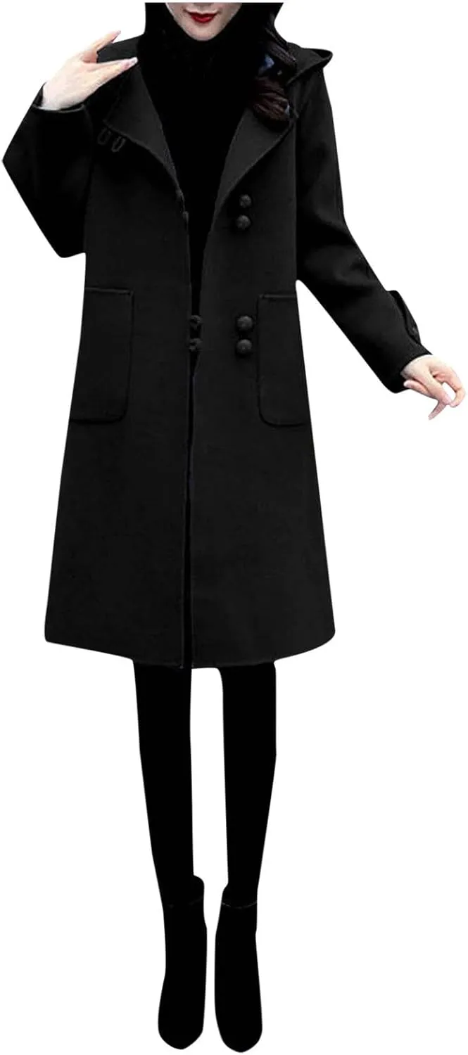 Heated Jackets for Women 2024 Casual Loose Mid-length Trench Coats Long Sleeve Button Woolen Jacket with Pockets