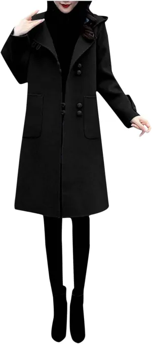 Heated Jackets for Women 2024 Casual Loose Mid-length Trench Coats Long Sleeve Button Woolen Jacket with Pockets