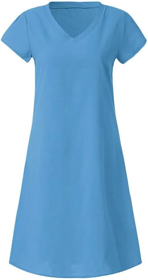 HGOOGY Modest Dresses for Women Summer Casual Midi Dresses V Neck Short Sleeve Knee Length Sun Dresses Beach Plus Size