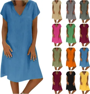 HGOOGY Modest Dresses for Women Summer Casual Midi Dresses V Neck Short Sleeve Knee Length Sun Dresses Beach Plus Size