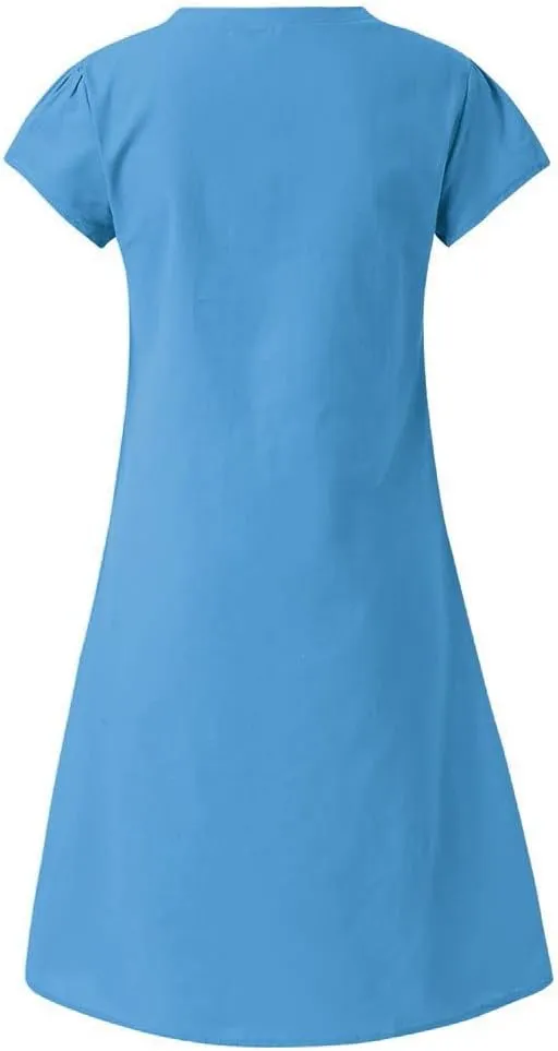 HGOOGY Modest Dresses for Women Summer Casual Midi Dresses V Neck Short Sleeve Knee Length Sun Dresses Beach Plus Size