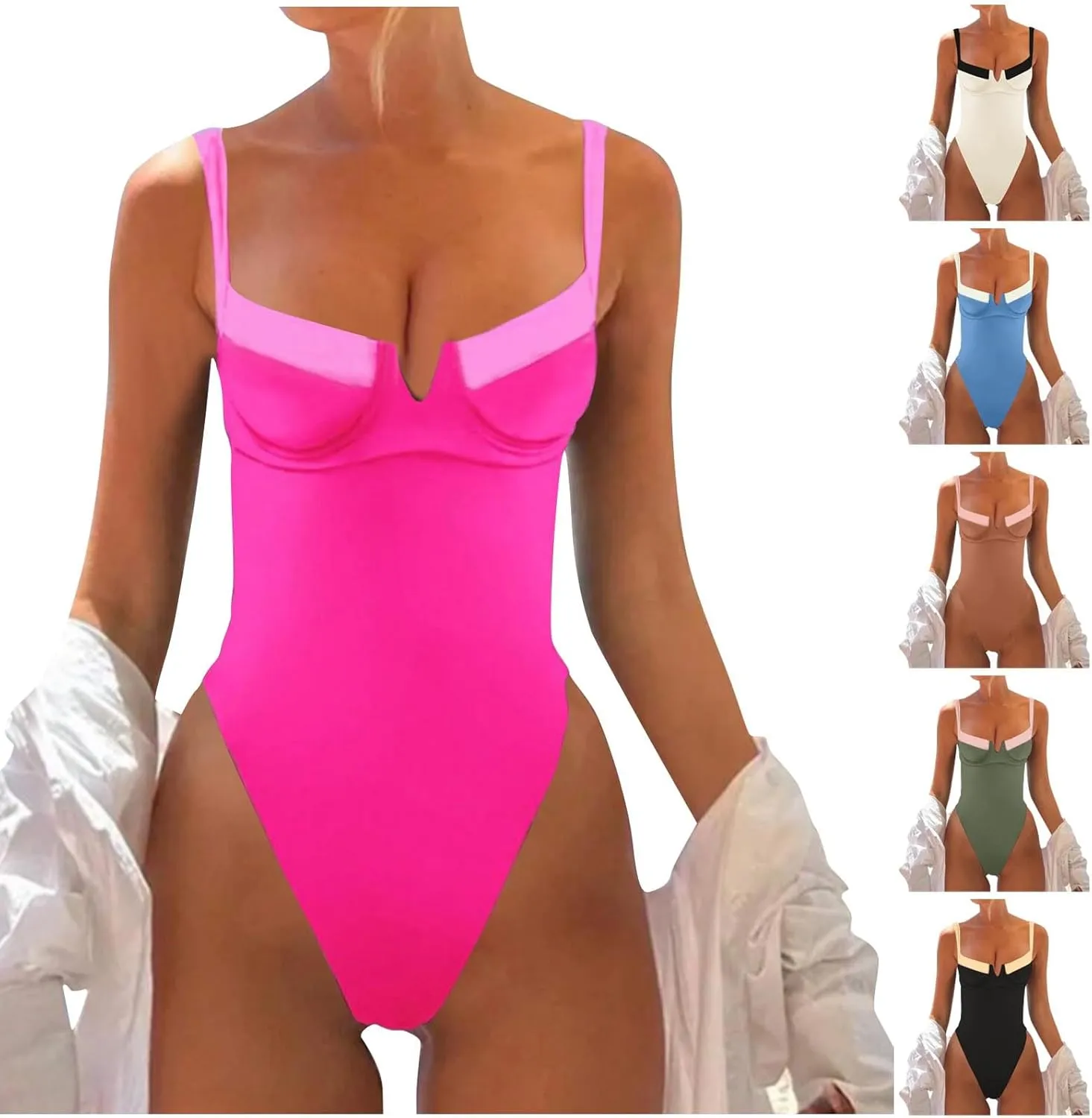 HGps8w Women's Underwire Push Up One Piece Swimsuit Sexy Open Back Tummy Control Bathing Suit Colorblock Slimming Swimwear