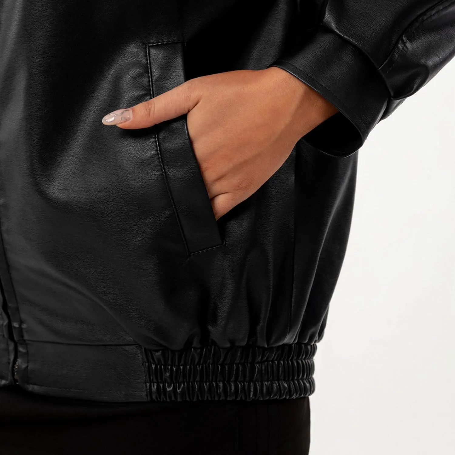 HGps8w Women's Zip Up Faux Leather Jacket, Chic Lapel Loose Fit Casual PU Moto Bike Coat Outwear with Pockets
