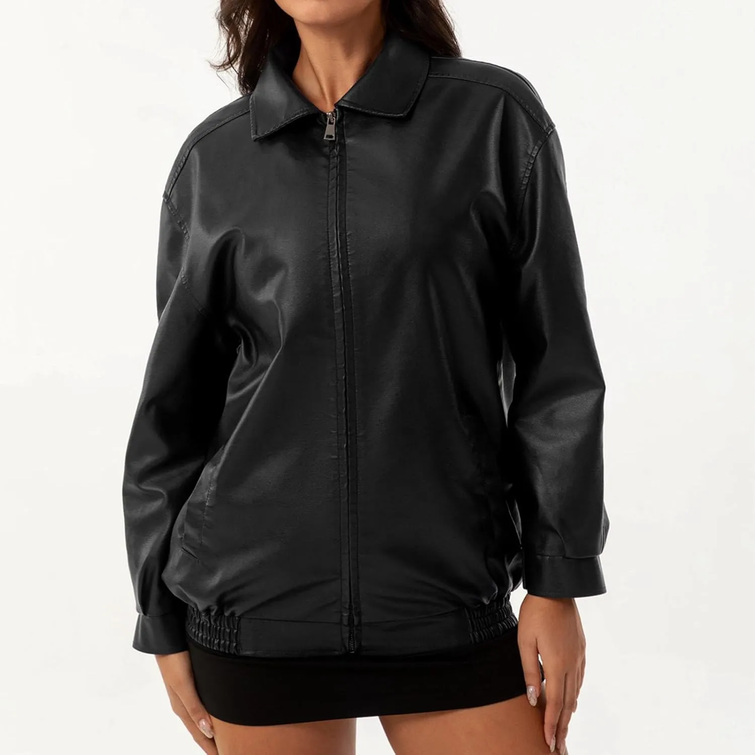 HGps8w Women's Zip Up Faux Leather Jacket, Chic Lapel Loose Fit Casual PU Moto Bike Coat Outwear with Pockets