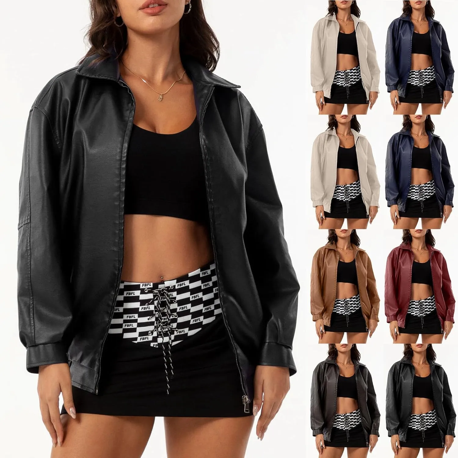 HGps8w Women's Zip Up Faux Leather Jacket, Chic Lapel Loose Fit Casual PU Moto Bike Coat Outwear with Pockets