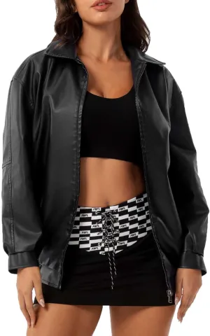 HGps8w Women's Zip Up Faux Leather Jacket, Chic Lapel Loose Fit Casual PU Moto Bike Coat Outwear with Pockets