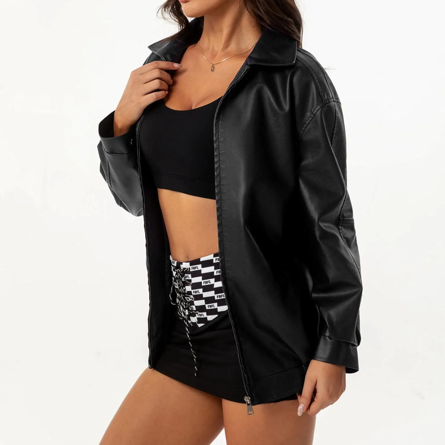 HGps8w Women's Zip Up Faux Leather Jacket, Chic Lapel Loose Fit Casual PU Moto Bike Coat Outwear with Pockets