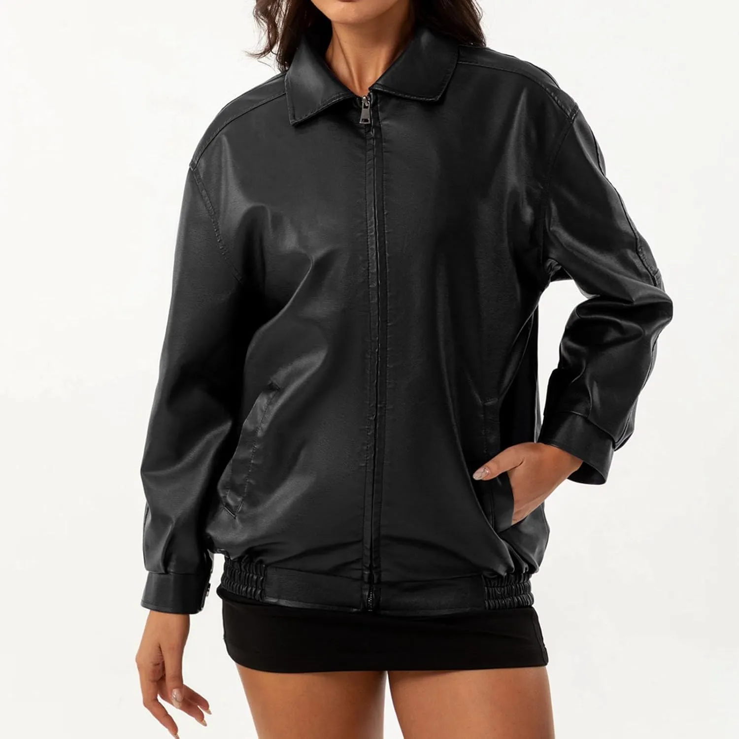 HGps8w Women's Zip Up Faux Leather Jacket, Chic Lapel Loose Fit Casual PU Moto Bike Coat Outwear with Pockets