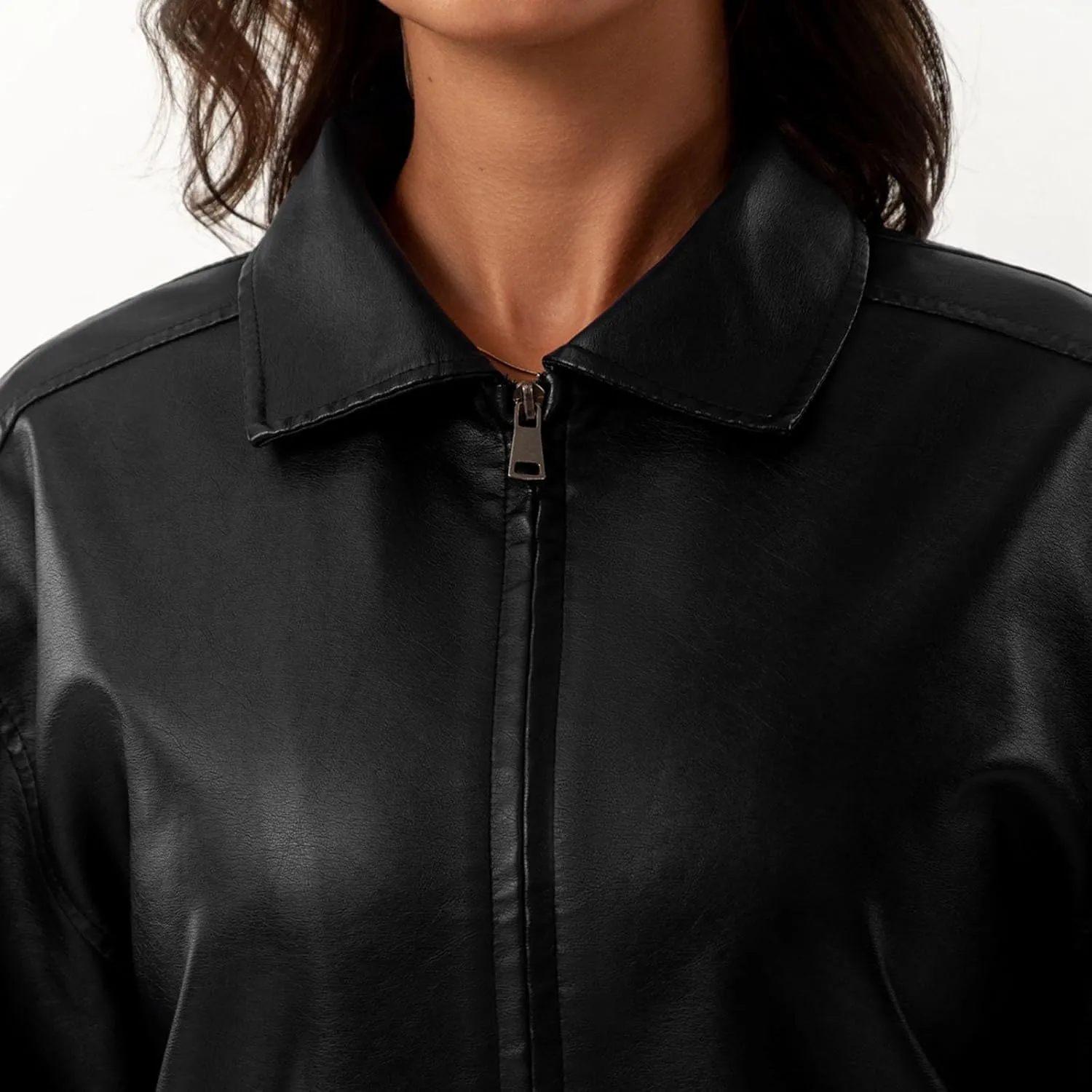 HGps8w Women's Zip Up Faux Leather Jacket, Chic Lapel Loose Fit Casual PU Moto Bike Coat Outwear with Pockets