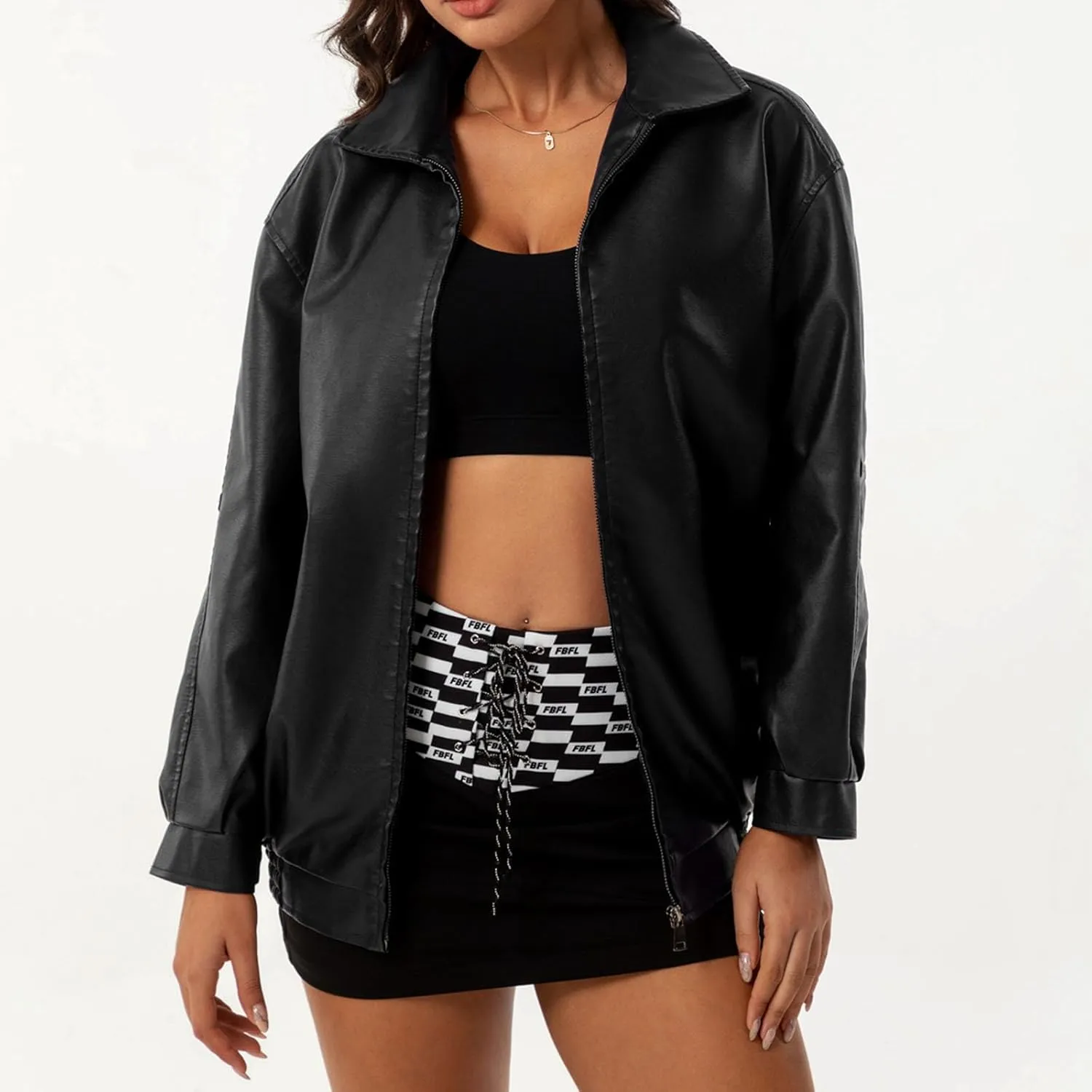 HGps8w Women's Zip Up Faux Leather Jacket, Chic Lapel Loose Fit Casual PU Moto Bike Coat Outwear with Pockets