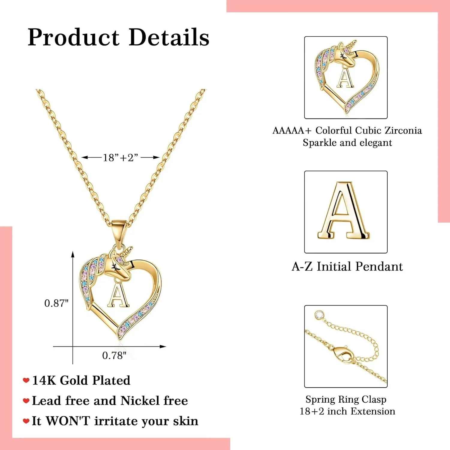 Hidepoo Unicorn Necklaces for Girls - CZ Heart Pendant Initial Unicorn Necklaces for Girl Teens Little Girls Jewelry Birthday Gift