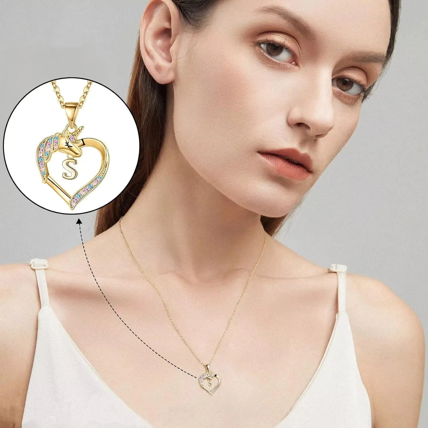 Hidepoo Unicorn Necklaces for Girls - CZ Heart Pendant Initial Unicorn Necklaces for Girl Teens Little Girls Jewelry Birthday Gift