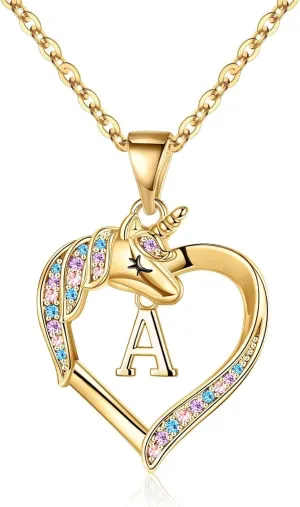 Hidepoo Unicorn Necklaces for Girls - CZ Heart Pendant Initial Unicorn Necklaces for Girl Teens Little Girls Jewelry Birthday Gift