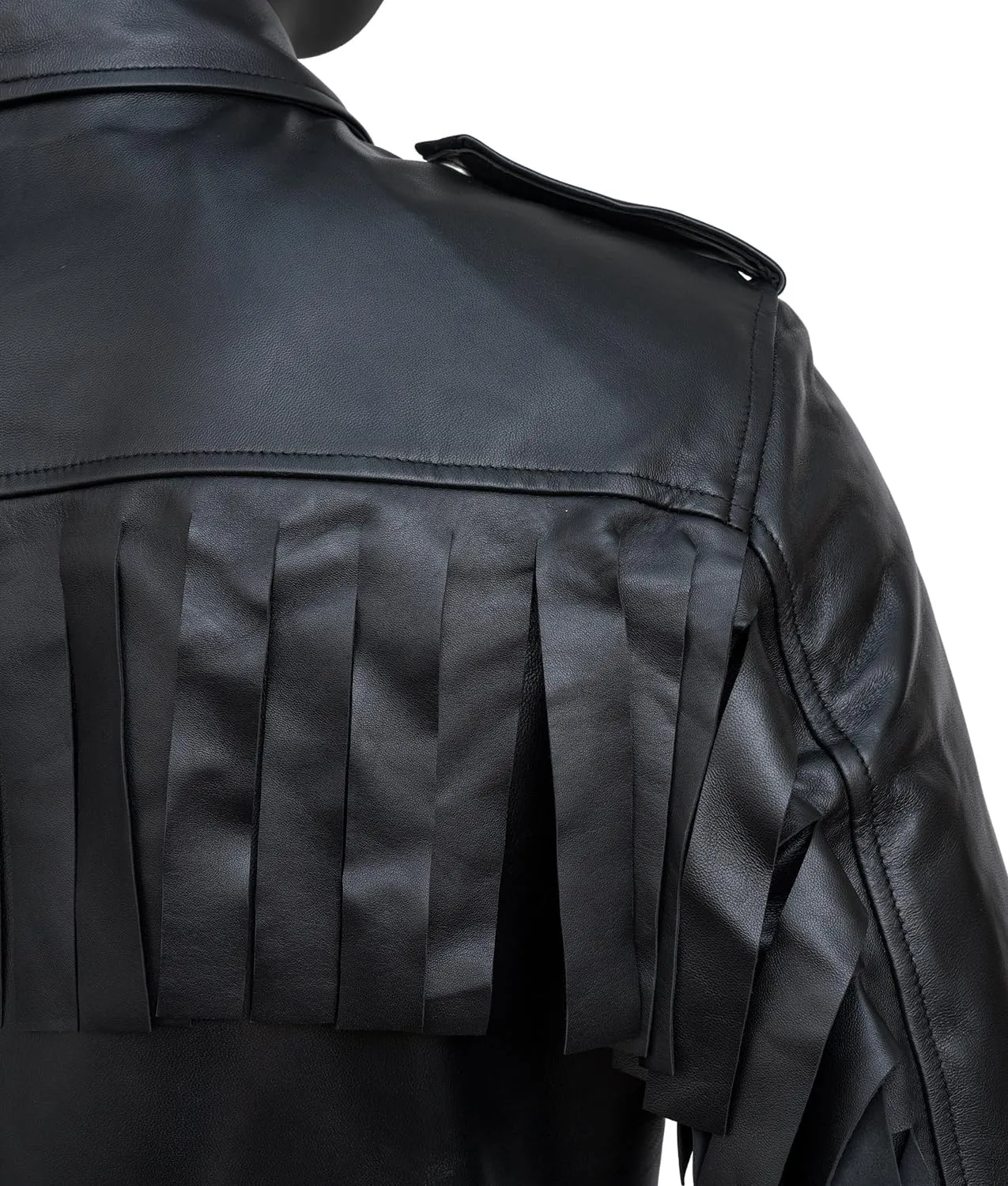 HIGOBO Men's Black Fringe Leather Jacket Men - Classic Black Leather Biker Jacket
