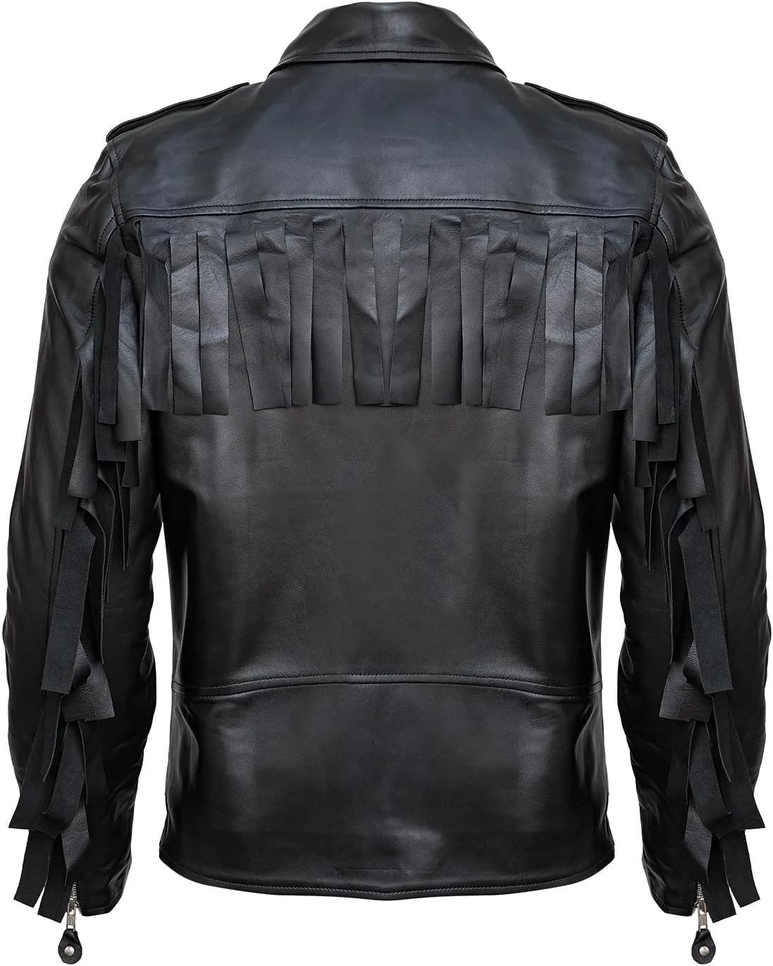 HIGOBO Men's Black Fringe Leather Jacket Men - Classic Black Leather Biker Jacket