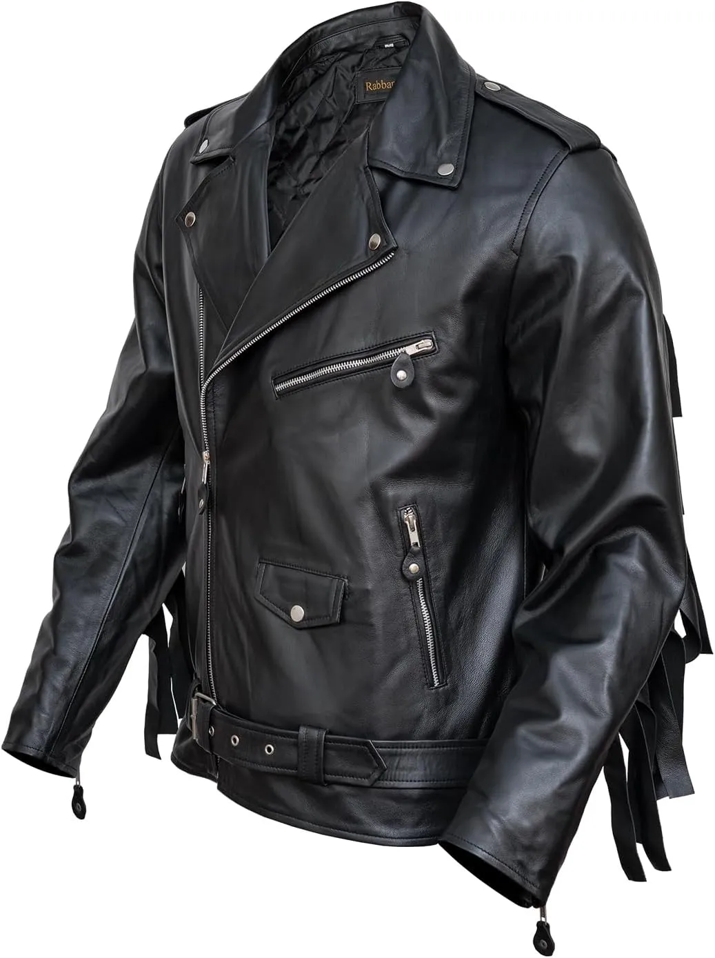 HIGOBO Men's Black Fringe Leather Jacket Men - Classic Black Leather Biker Jacket