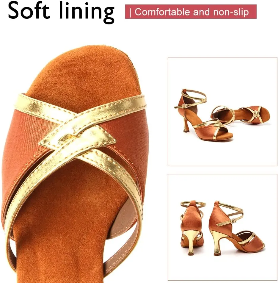 HIPPOSEUS Women Satin Latin Ballroom Dance Shoes Open Toe Tango Salsa Ballroom Party Performance Dancing Shoes,Model 807