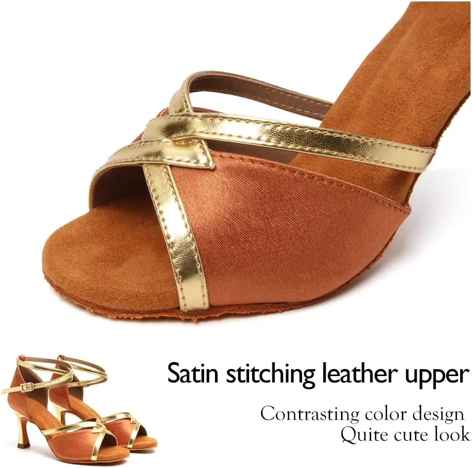 HIPPOSEUS Women Satin Latin Ballroom Dance Shoes Open Toe Tango Salsa Ballroom Party Performance Dancing Shoes,Model 807