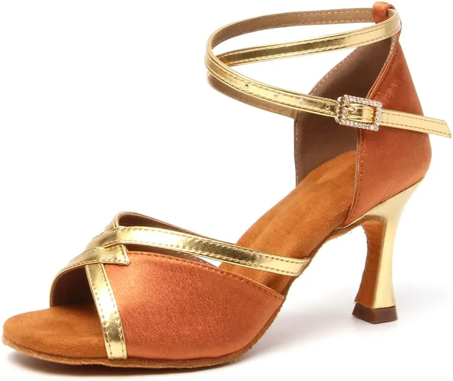 HIPPOSEUS Women Satin Latin Ballroom Dance Shoes Open Toe Tango Salsa Ballroom Party Performance Dancing Shoes,Model 807