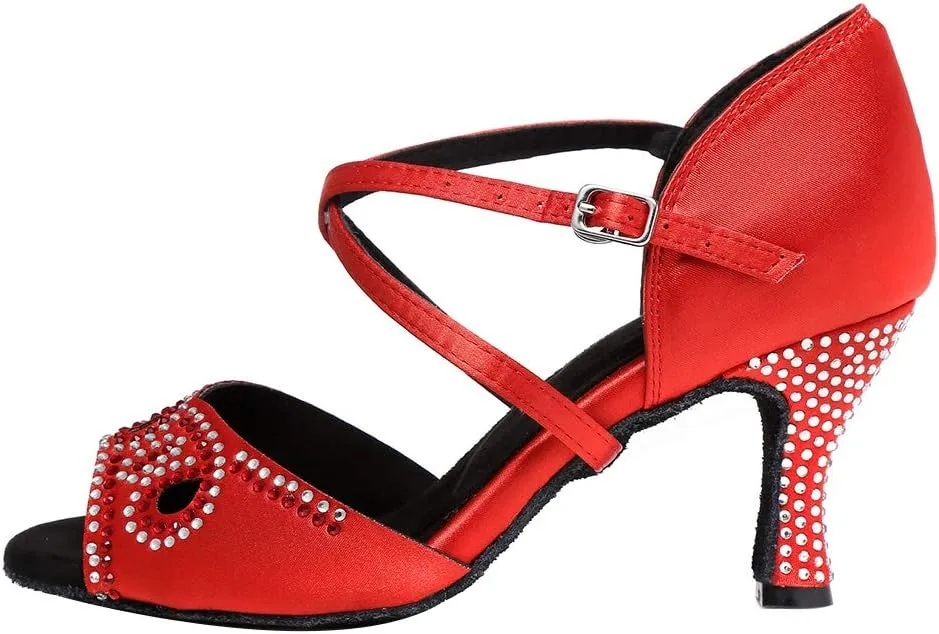 HIPPOSEUS Women's Cross Strap Latin Dance Shoes Satin Rhinestones Ballroom Party Dance Performance Shoes,Model L346