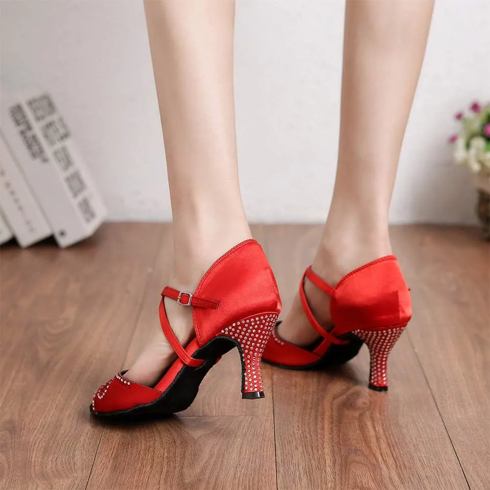 HIPPOSEUS Women's Cross Strap Latin Dance Shoes Satin Rhinestones Ballroom Party Dance Performance Shoes,Model L346