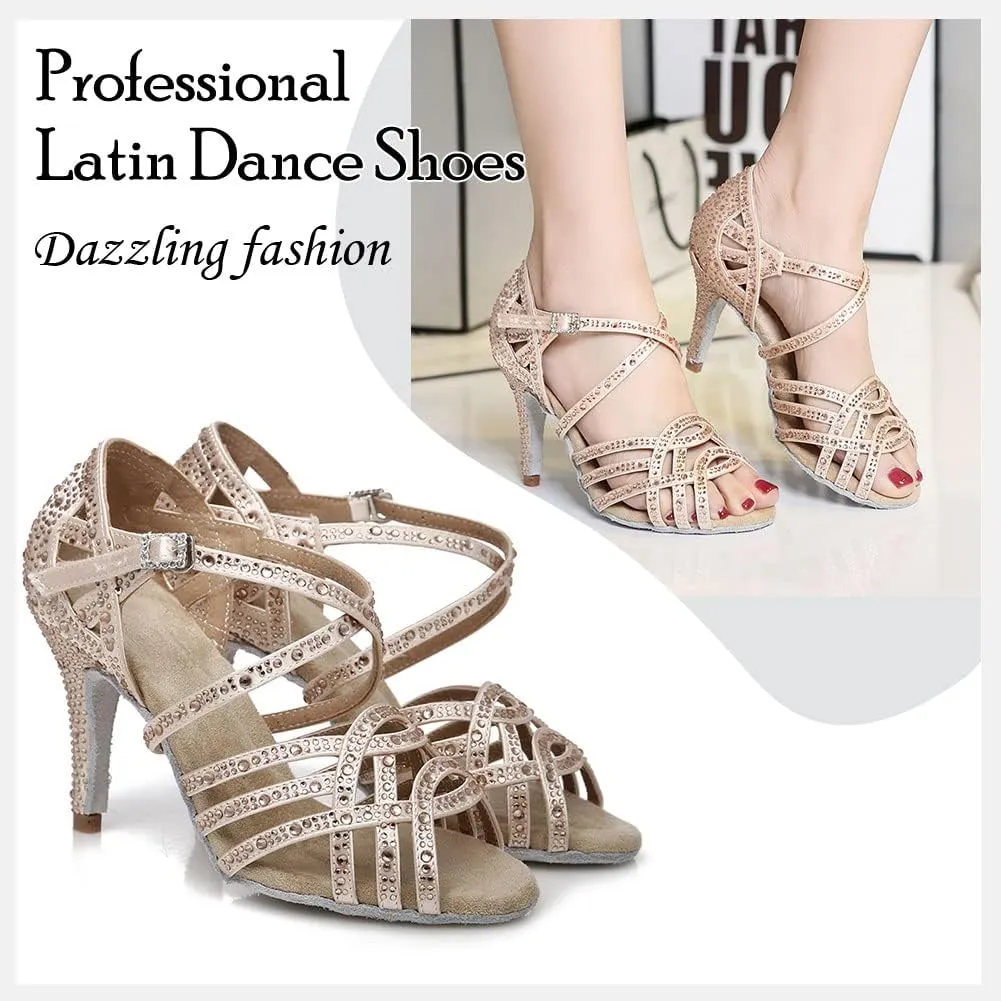 HIPPOSEUS Women's Latin Dance Shoes Shiny Rhinestones Ballroom Party Salsa Performance Dance Shoes Open Toe,Model L357