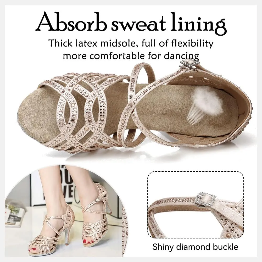 HIPPOSEUS Women's Latin Dance Shoes Shiny Rhinestones Ballroom Party Salsa Performance Dance Shoes Open Toe,Model L357