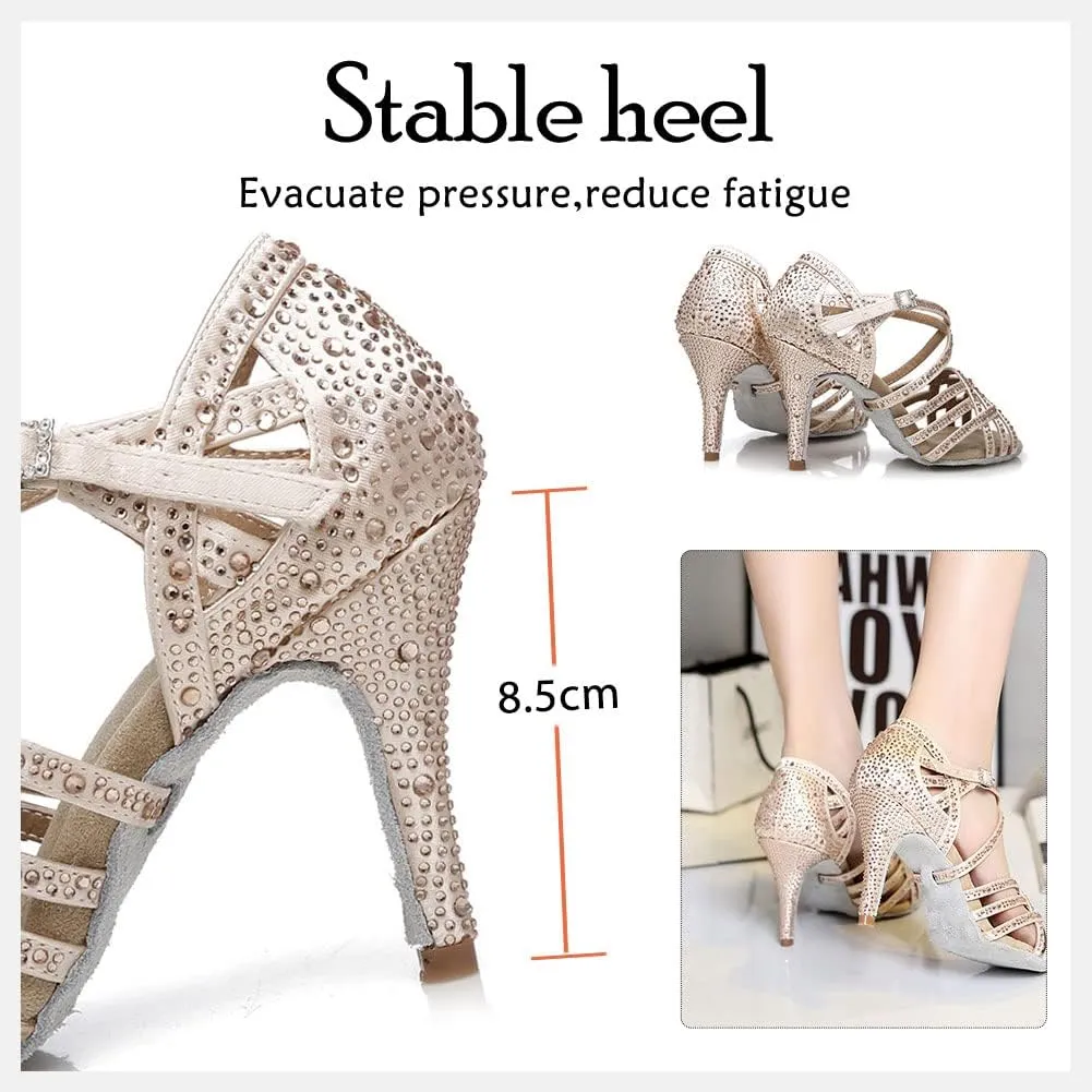 HIPPOSEUS Women's Latin Dance Shoes Shiny Rhinestones Ballroom Party Salsa Performance Dance Shoes Open Toe,Model L357