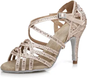 HIPPOSEUS Women's Latin Dance Shoes Shiny Rhinestones Ballroom Party Salsa Performance Dance Shoes Open Toe,Model L357