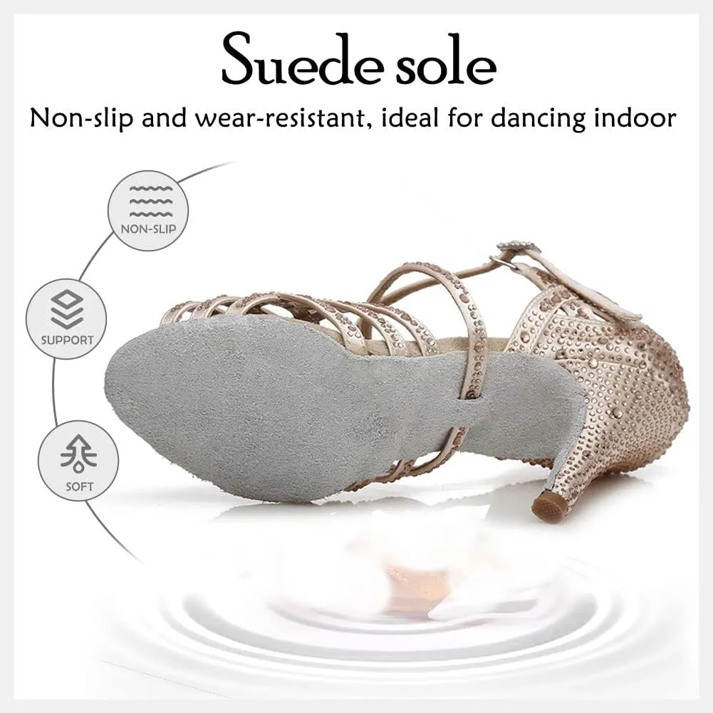 HIPPOSEUS Women's Latin Dance Shoes Shiny Rhinestones Ballroom Party Salsa Performance Dance Shoes Open Toe,Model L357