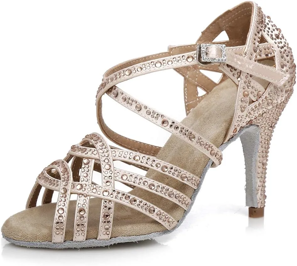 HIPPOSEUS Women's Latin Dance Shoes Shiny Rhinestones Ballroom Party Salsa Performance Dance Shoes Open Toe,Model L357