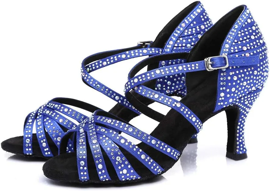 HIPPOSEUS Women's Rhinestone Latin Dance Shoes with Suede Sole Ballroom Salsa Dance Shoes